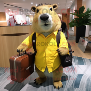 Yellow Capybara mascot costume character dressed with a Flannel Shirt and Briefcases