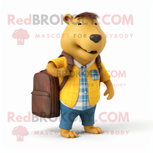 Yellow Capybara mascot costume character dressed with a Flannel Shirt and Briefcases