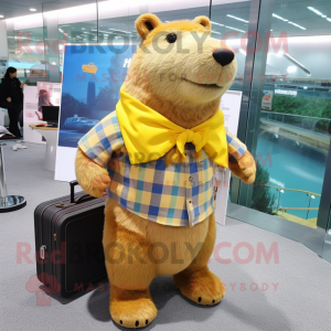 Yellow Capybara mascot costume character dressed with a Flannel Shirt and Briefcases