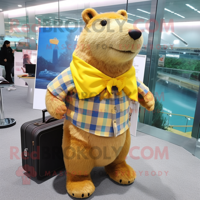 Yellow Capybara mascot costume character dressed with a Flannel Shirt and Briefcases