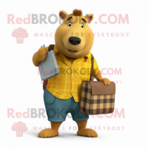 Yellow Capybara mascot costume character dressed with a Flannel Shirt and Briefcases