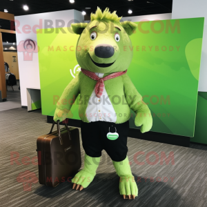 Lime Green Wild Boar mascot costume character dressed with a Sweater and Briefcases