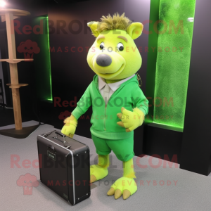 Lime Green Wild Boar mascot costume character dressed with a Sweater and Briefcases