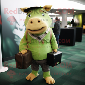 Lime Green Wild Boar mascot costume character dressed with a Sweater and Briefcases