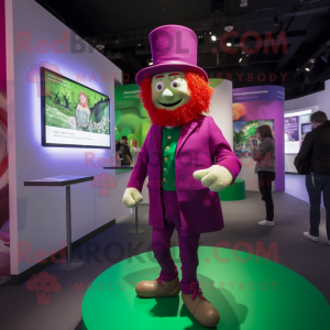 Magenta Leprechaun Hat mascot costume character dressed with a Playsuit and Suspenders