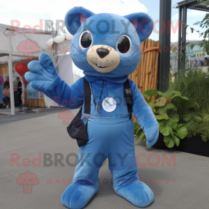 Sky Blue Jaguarundi mascot costume character dressed with a Dungarees and Keychains