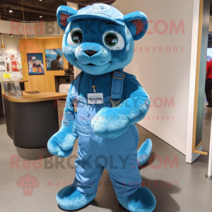 Sky Blue Jaguarundi mascot costume character dressed with a Dungarees and Keychains