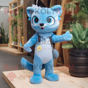 Sky Blue Jaguarundi mascot costume character dressed with a Dungarees and Keychains