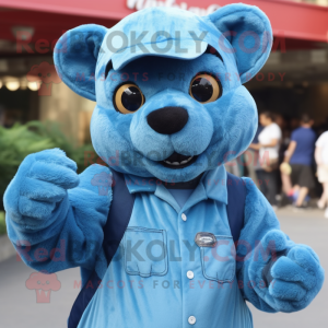 Sky Blue Jaguarundi mascot costume character dressed with a Dungarees and Keychains