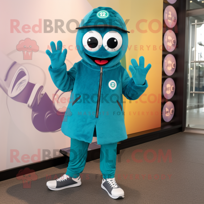Teal Meatballs mascot costume character dressed with a Jacket and Shoe laces Teal Meatballs mascot costume character dressed with a Jacket and Shoe laces