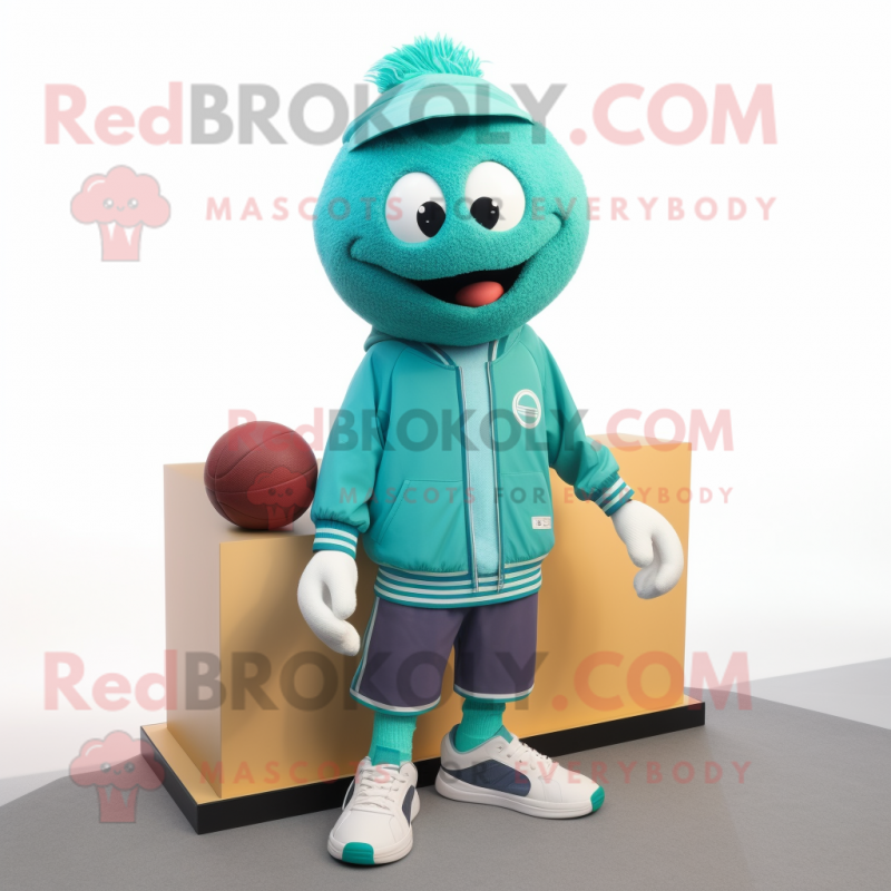 Teal Meatballs mascot costume character dressed with a Jacket and Shoe laces