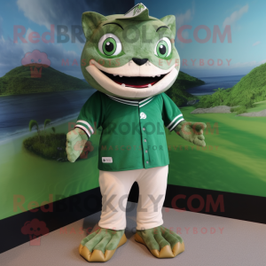 Forest Green Tuna mascot costume character dressed with a Henley Tee and Anklets