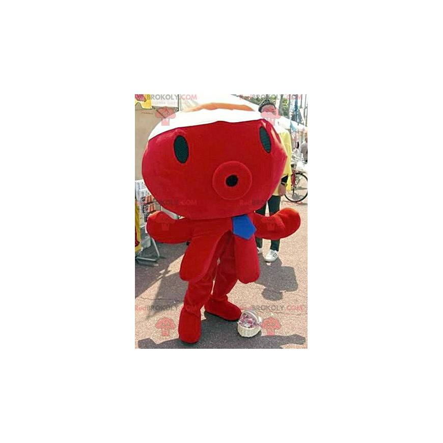 Mascotte de pieuvre rouge géante avec une cravate bleue -