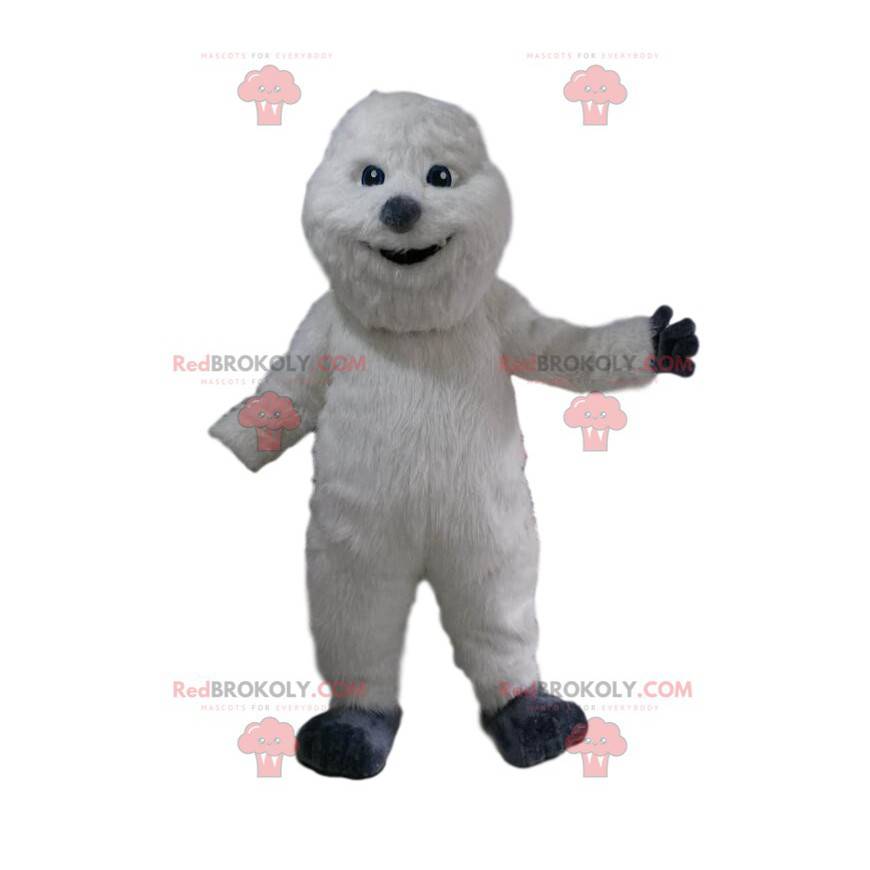 White snowman mascot with a beautiful coat and a gray nose -