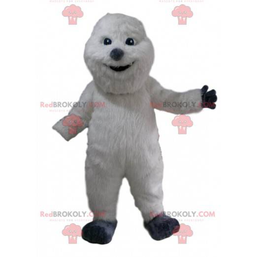 White snowman mascot with a beautiful coat and a gray nose -