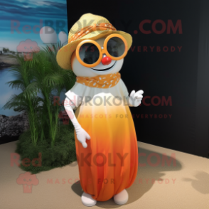 Beige Clown Fish mascot costume character dressed with a Maxi Dress and Sunglasses