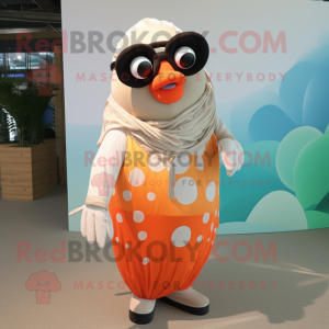 Beige Clown Fish mascot costume character dressed with a Maxi Dress and Sunglasses