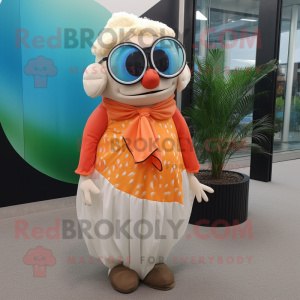 Beige Clown Fish mascot costume character dressed with a Maxi Dress and Sunglasses