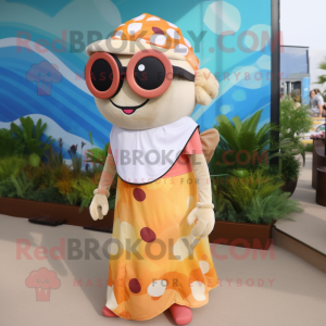 Beige Clown Fish mascot costume character dressed with a Maxi Dress and Sunglasses