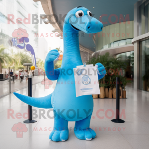 Sky Blue Brachiosaurus mascot costume character dressed with a Polo Tee and Clutch bags