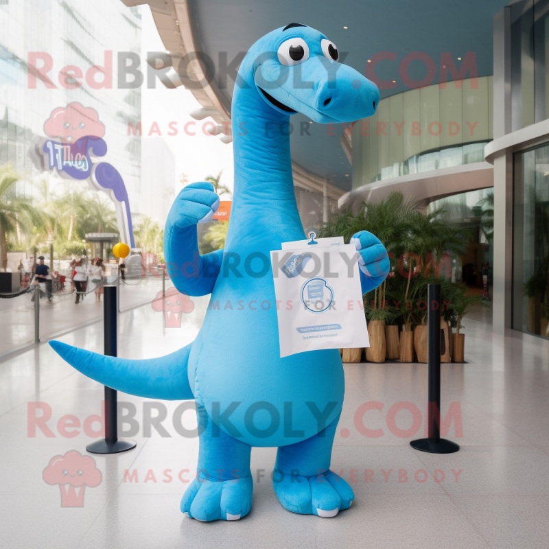 Sky Blue Brachiosaurus mascot costume character dressed with a Polo Tee and Clutch bags
