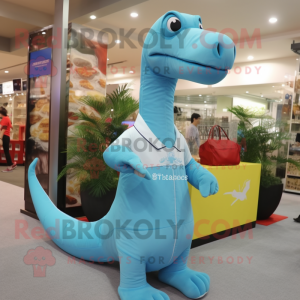 Sky Blue Brachiosaurus mascot costume character dressed with a Polo Tee and Clutch bags