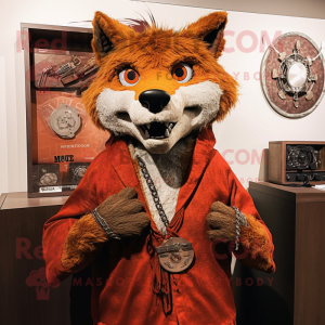 Rust Wolf mascot costume character dressed with a V-Neck Tee and Shawl pins