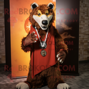 Rust Wolf mascot costume character dressed with a V-Neck Tee and Shawl pins