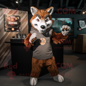 Rust Wolf mascot costume character dressed with a V-Neck Tee and Shawl pins
