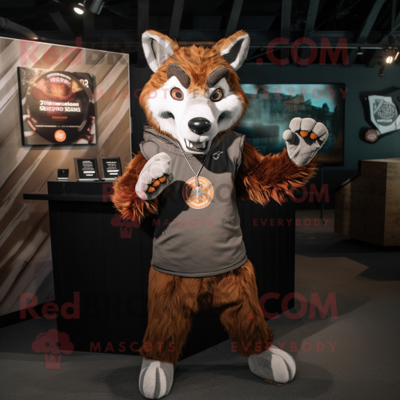 Rust Wolf mascot costume character dressed with a V-Neck Tee and Shawl pins