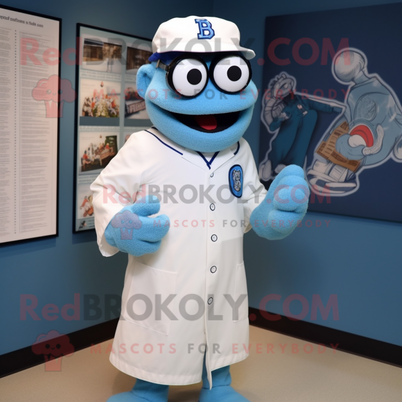 Blue Doctor mascot costume character dressed with a Baseball Tee and Eyeglasses Blue Doctor mascot costume character dressed with a Baseball Tee and Eyeglasses