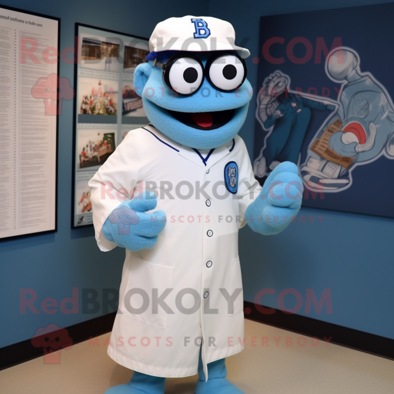 Blue Doctor mascot costume character dressed with a Baseball Tee and Eyeglasses