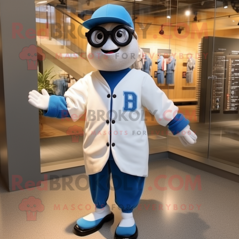 Blue Doctor mascot costume character dressed with a Baseball Tee and Eyeglasses