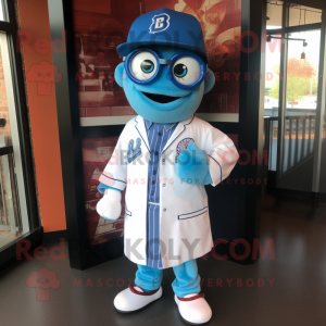 Blue Doctor mascot costume character dressed with a Baseball Tee and Eyeglasses