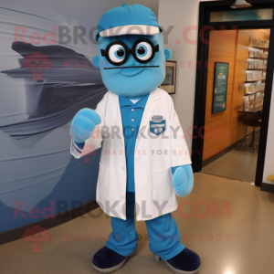 Blue Doctor mascot costume character dressed with a Baseball Tee and Eyeglasses