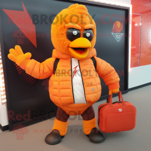 Orange Tandoori Chicken mascot costume character dressed with a Bomber Jacket and Handbags