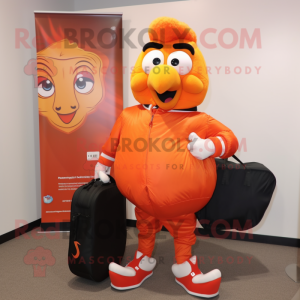Orange Tandoori Chicken mascot costume character dressed with a Bomber Jacket and Handbags
