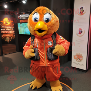 Orange Tandoori Chicken mascot costume character dressed with a Bomber Jacket and Handbags