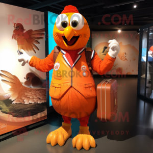 Orange Tandoori Chicken mascot costume character dressed with a Bomber Jacket and Handbags