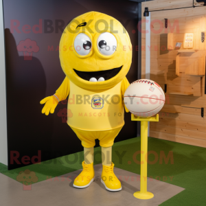 Lemon Yellow American Football Helmet mascot costume character dressed with a Henley Shirt and Hairpins