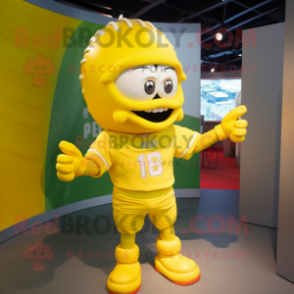 Lemon Yellow American Football Helmet mascot costume character dressed with a Henley Shirt and Hairpins