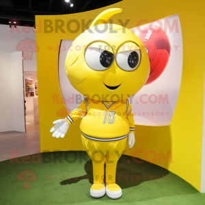 Lemon Yellow American Football Helmet mascot costume character dressed with a Henley Shirt and Hairpins