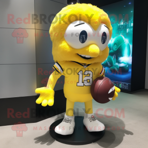 Lemon Yellow American Football Helmet mascot costume character dressed with a Henley Shirt and Hairpins