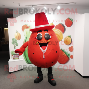 Red Melon mascot costume character dressed with a Suit Jacket and Coin purses