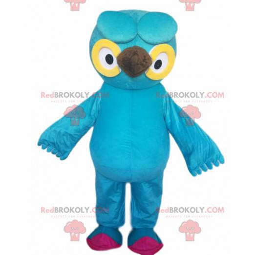 Mascotte gufo blu turchese con bellissimi occhi gialli -