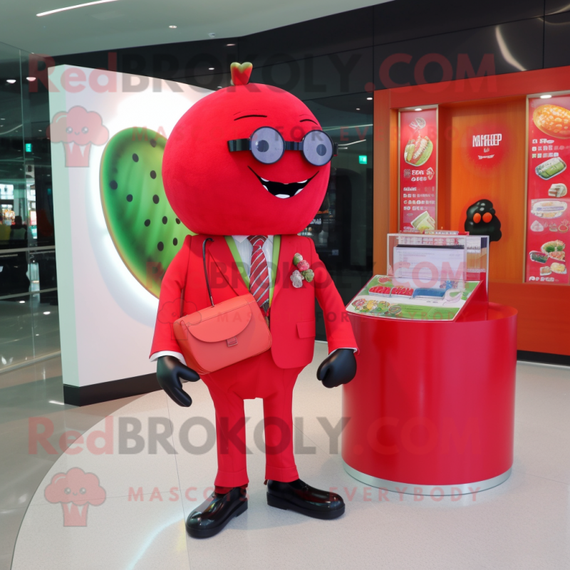 Red Melon mascot costume character dressed with a Suit Jacket and Coin purses Red Melon mascot costume character dressed with a Suit Jacket and Coin purses