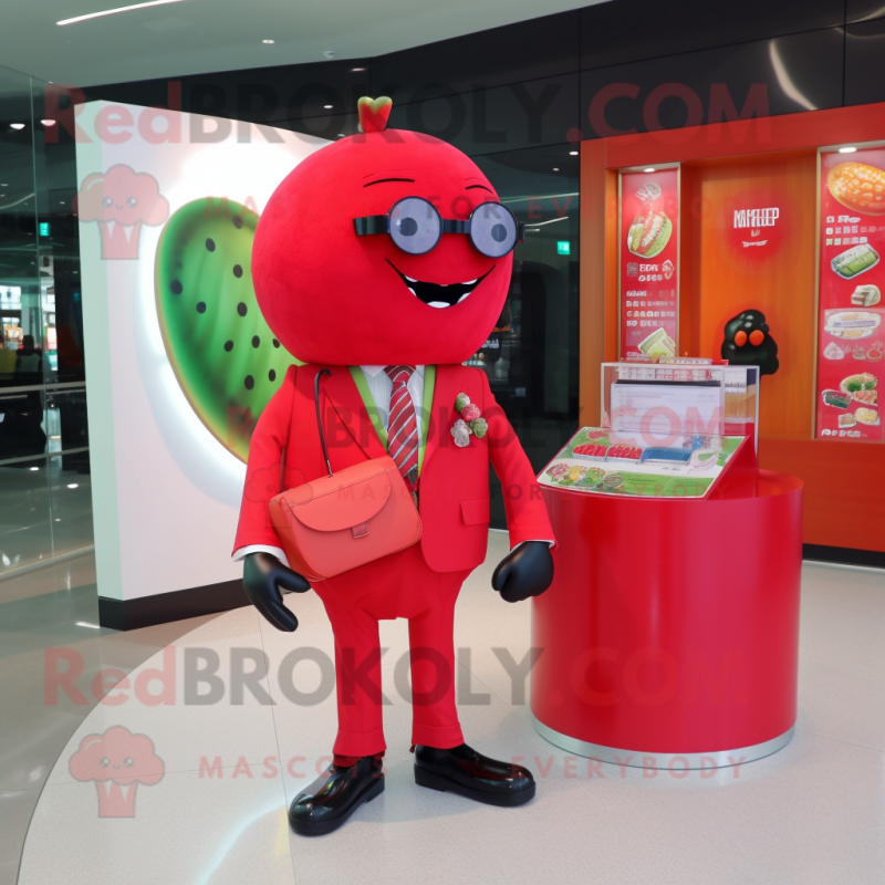 Red Melon mascot costume character dressed with a Suit Jacket and Coin purses