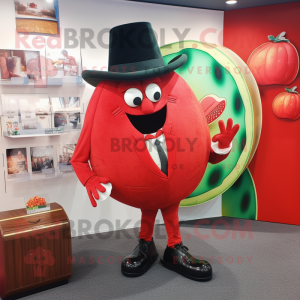 Red Melon mascot costume character dressed with a Suit Jacket and Coin purses