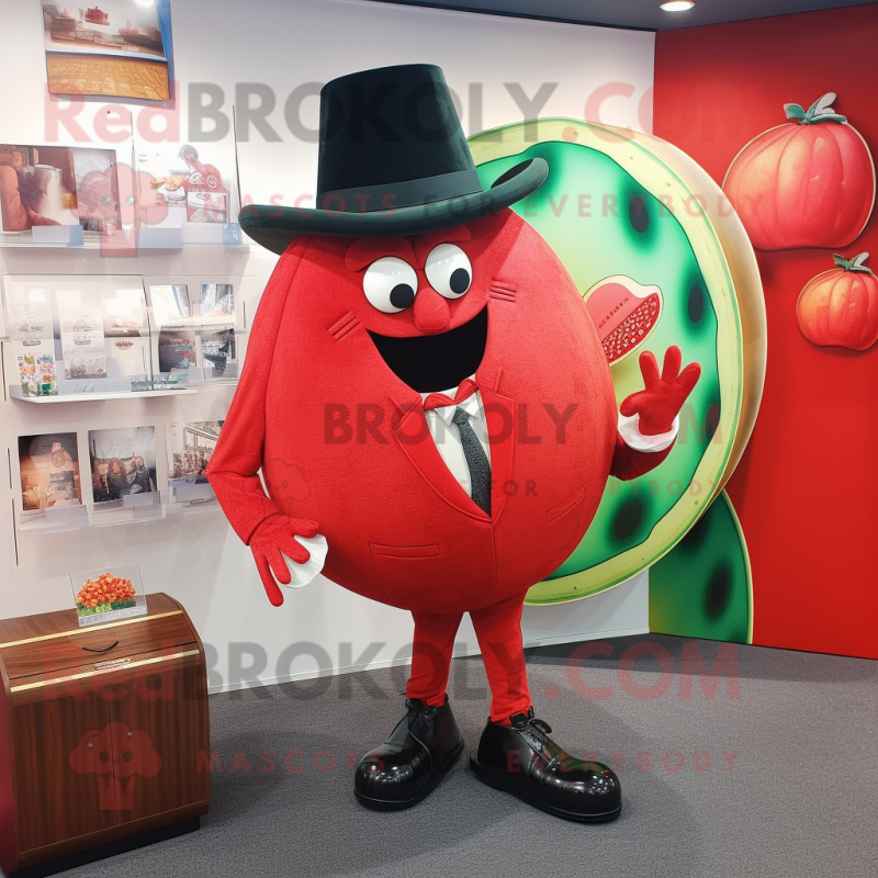 Red Melon mascot costume character dressed with a Suit Jacket and Coin purses Red Melon mascot costume character dressed with a Suit Jacket and Coin purses