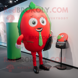 Red Melon mascot costume character dressed with a Suit Jacket and Coin purses